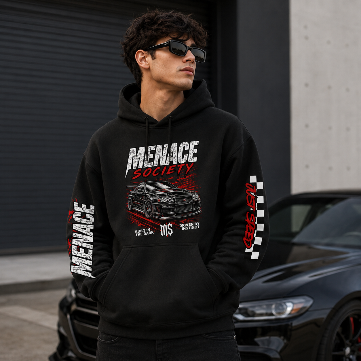 Menace Society Street Racing Hoodie | Black Car Club Pullover Hoodie with Front, Back & Sleeve Prints