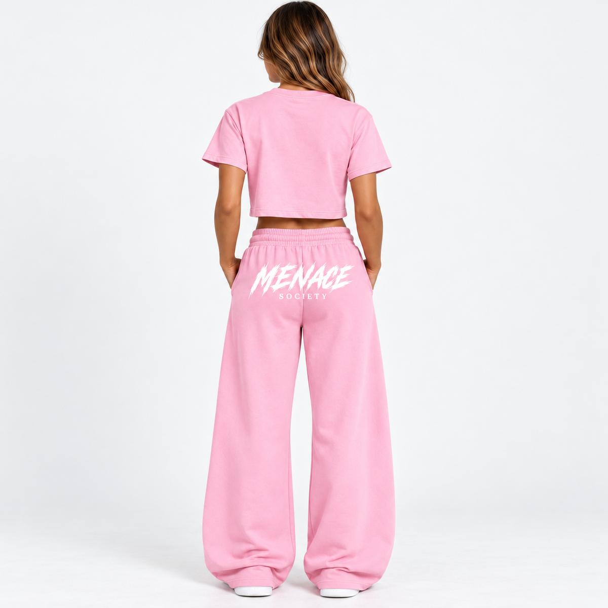 Menace Society Women's Pink Crop Tee & Wide-Leg Sweatpants Set | Streetwear Collection