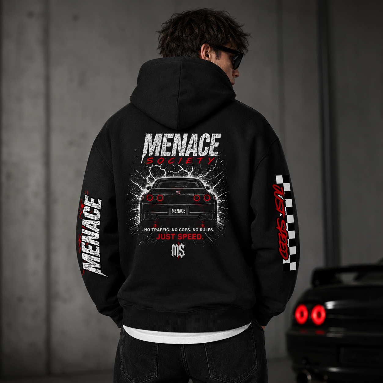 Menace Society Street Racing Hoodie | Black Car Club Pullover Hoodie with Front, Back & Sleeve Prints