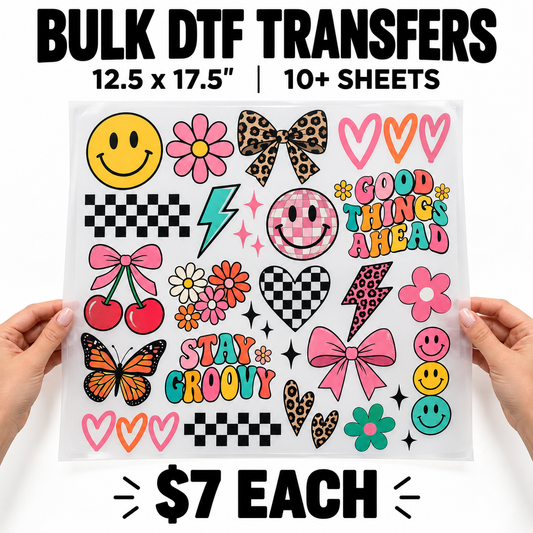 BULK DTF TRANSFERS – 10+ SHEETS
