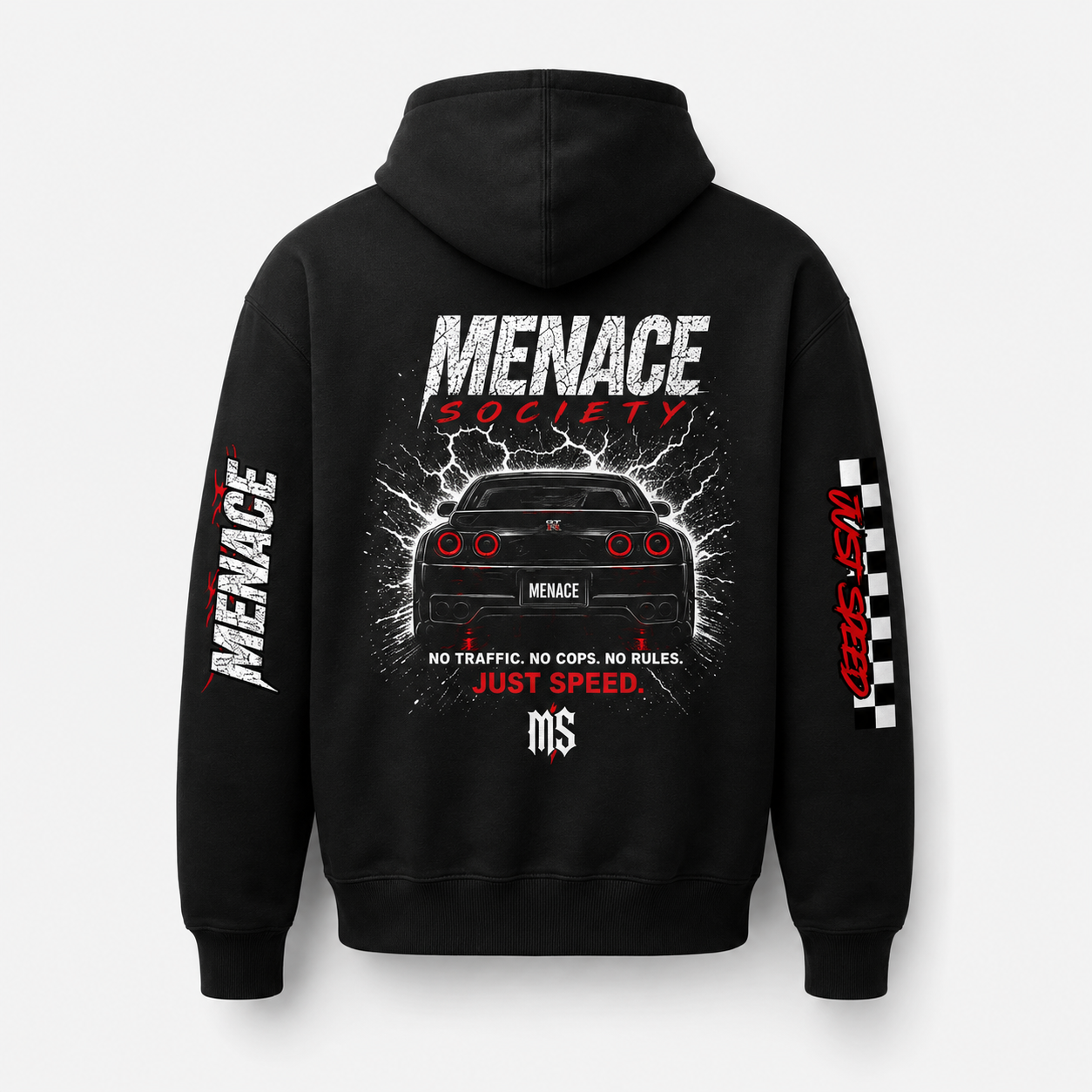 Menace Society Street Racing Hoodie | Black Car Club Pullover Hoodie with Front, Back & Sleeve Prints