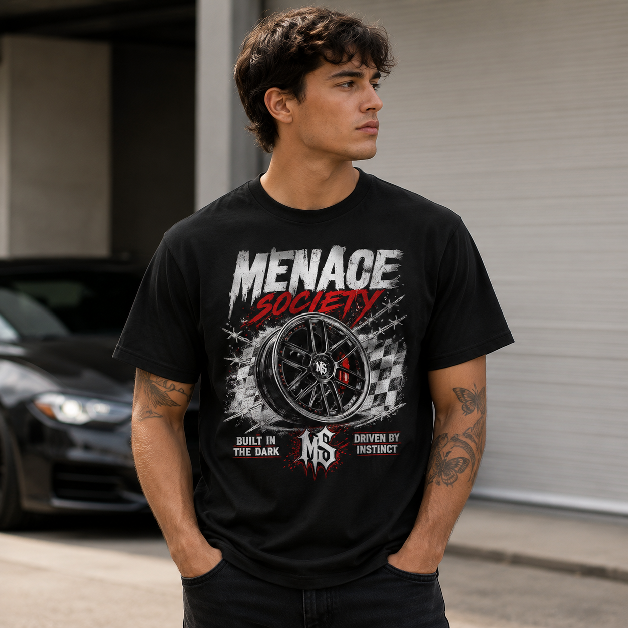 Menace Society Wheel Graphic Tee | Black Street Racing Car Shirt