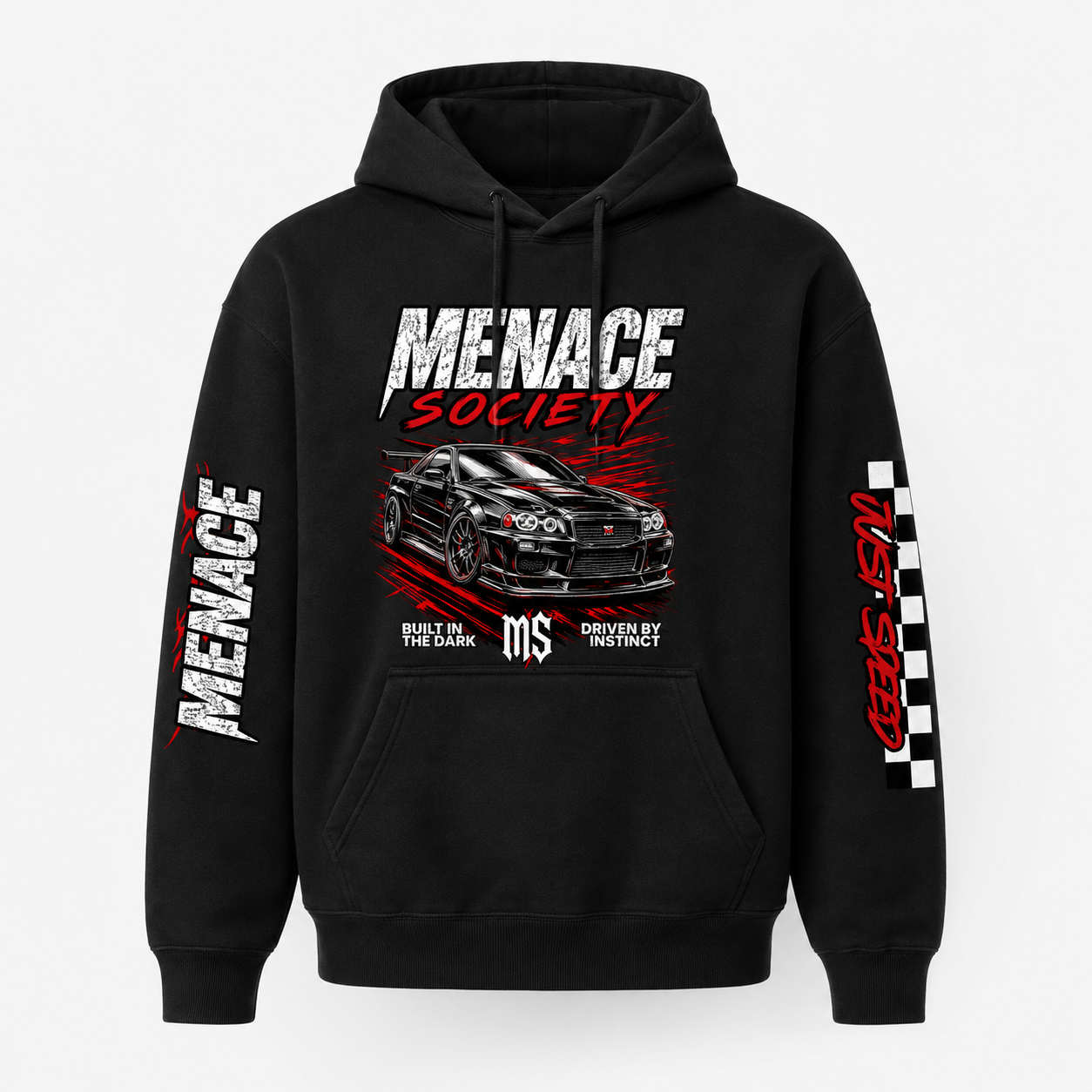 Menace Society Street Racing Hoodie | Black Car Club Pullover Hoodie with Front, Back & Sleeve Prints