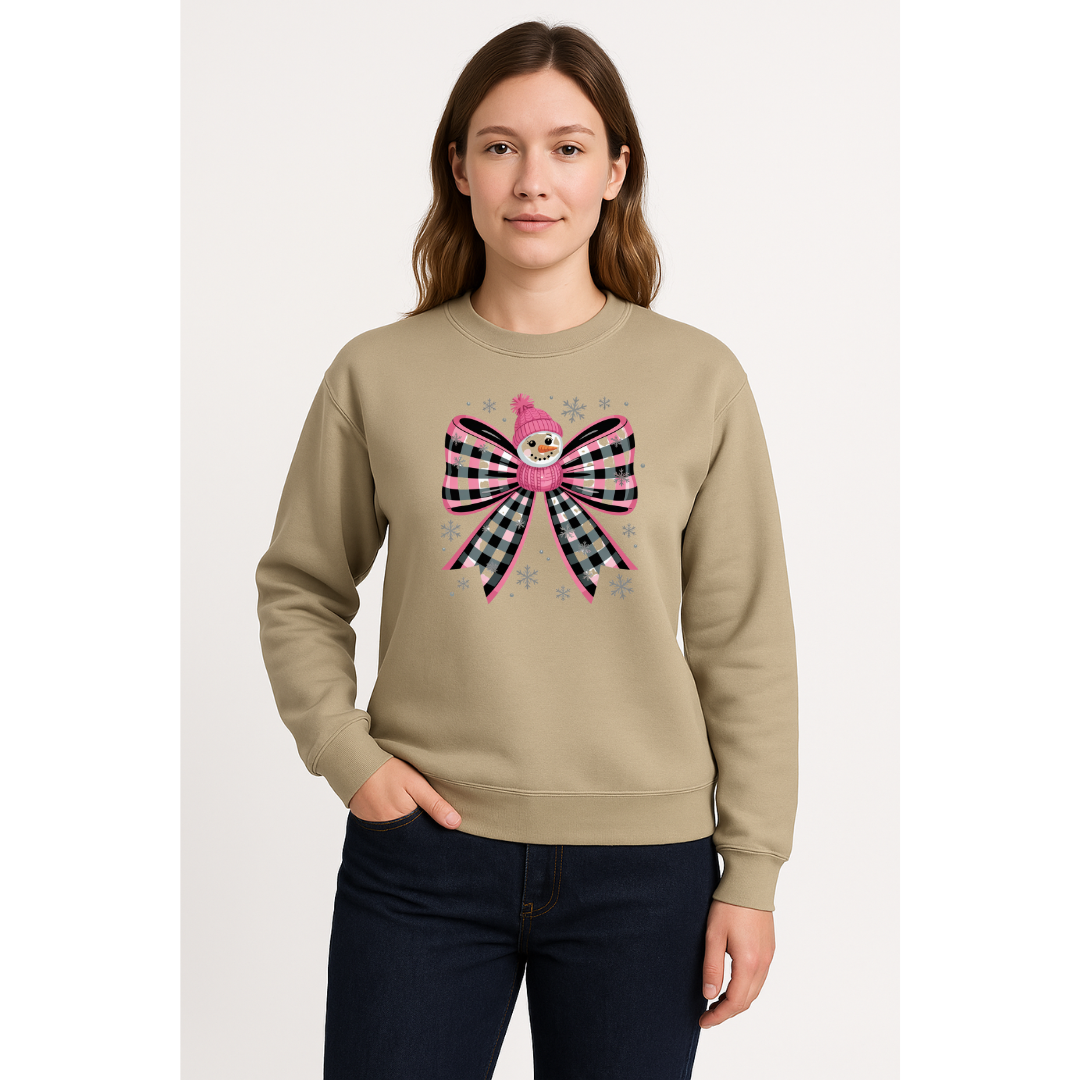 ❄️ Pink Plaid Snowman Bow Crewneck