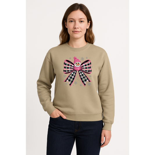 ❄️ Pink Plaid Snowman Bow Crewneck