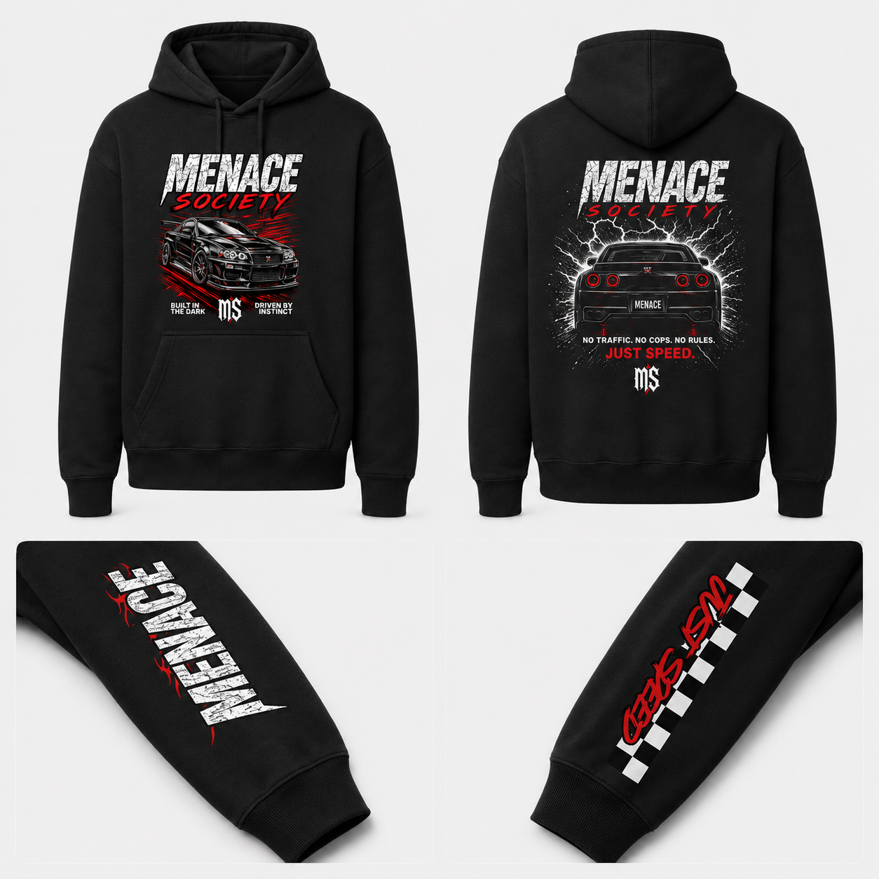 Menace Society Street Racing Hoodie | Black Car Club Pullover Hoodie with Front, Back & Sleeve Prints