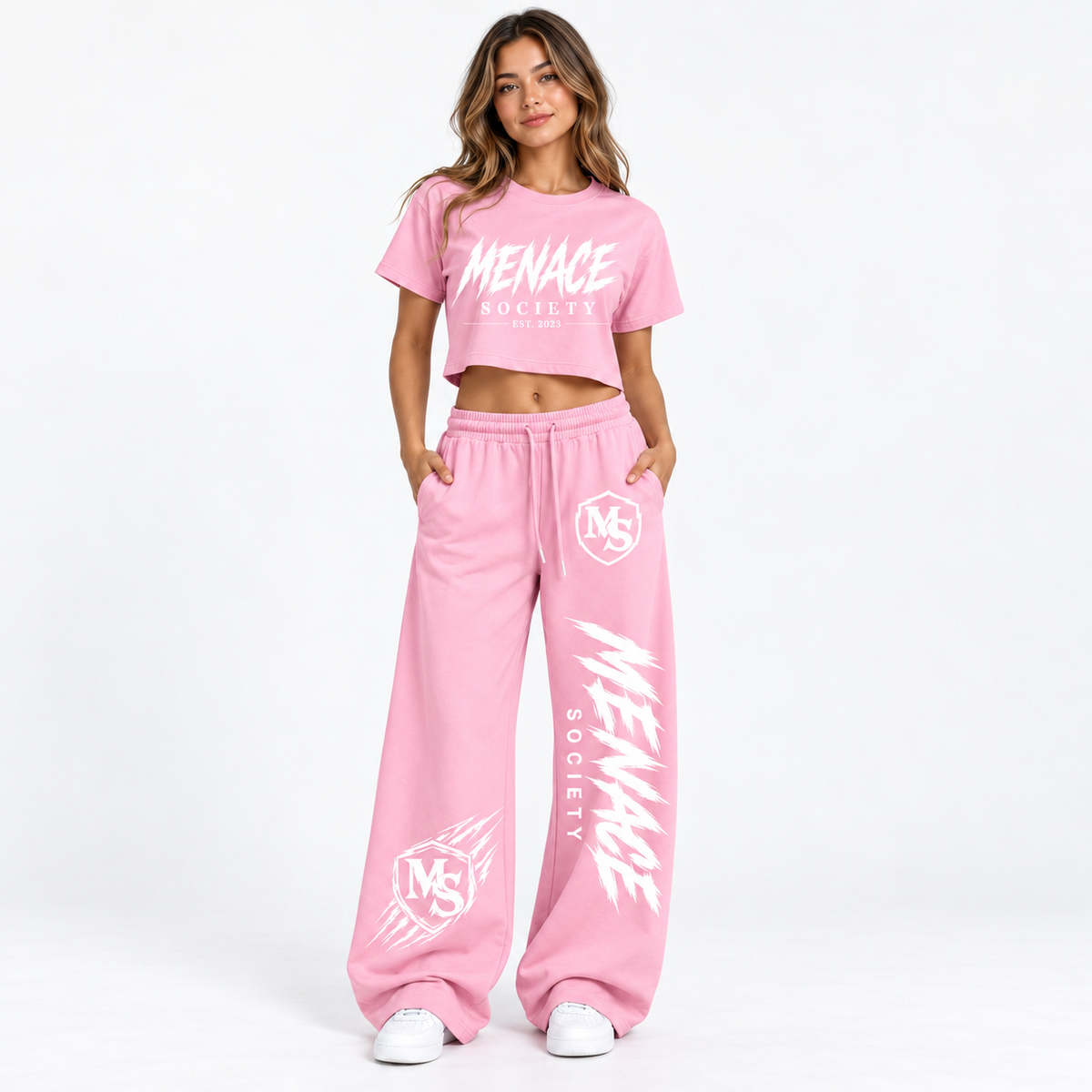 Menace Society Women's Pink Crop Tee & Wide-Leg Sweatpants Set | Streetwear Collection
