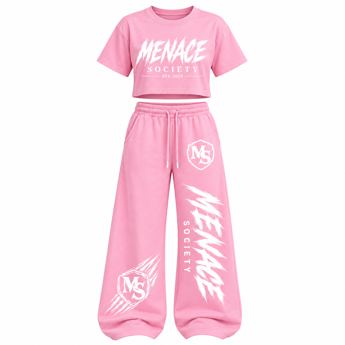 Menace Society Women's Pink Crop Tee & Wide-Leg Sweatpants Set | Streetwear Collection